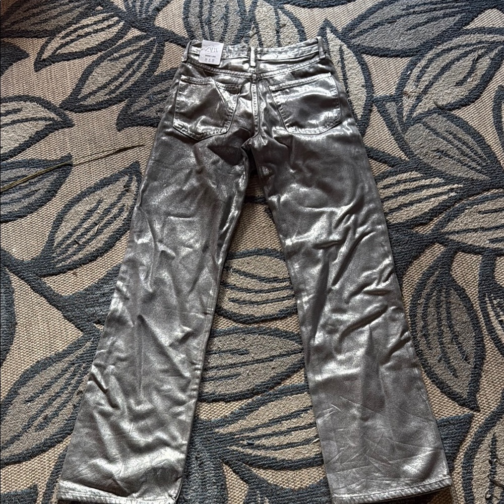 NWT Zara Silver Metallic wide leg Jeans size 0 - Picture 8 of 8